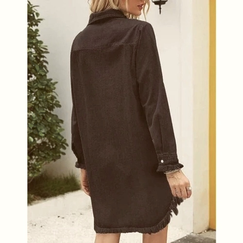 NWT ZILCREMO Frayed Edges Denim Shirt Mini Dress Long Sleeve Dark Olive M - Picture 2 of 8